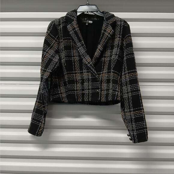 Slate & Willow Classic Plaid Tweed Blazer Womens Small Black Cropped Jacket - Picture 3 of 11